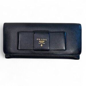 Prada Women's Long Saffiano Black Leather Bifold Ribbon Wallet